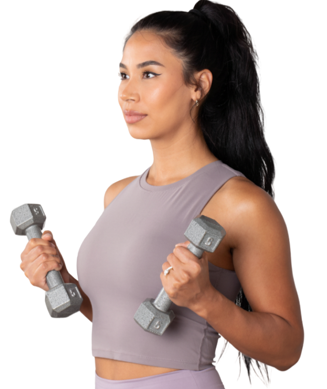 Woman lifting a dumbbell wearing a Buffr ring guard